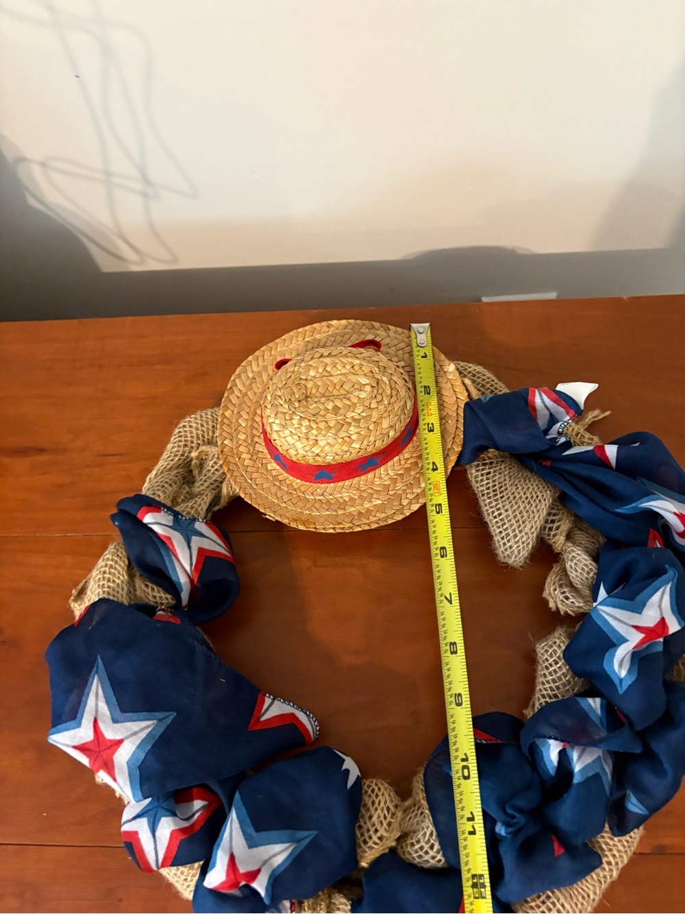 Patriotic Americana Burlap Wreath Straw Hat Red White Blue Stars - Picture 4 of 5